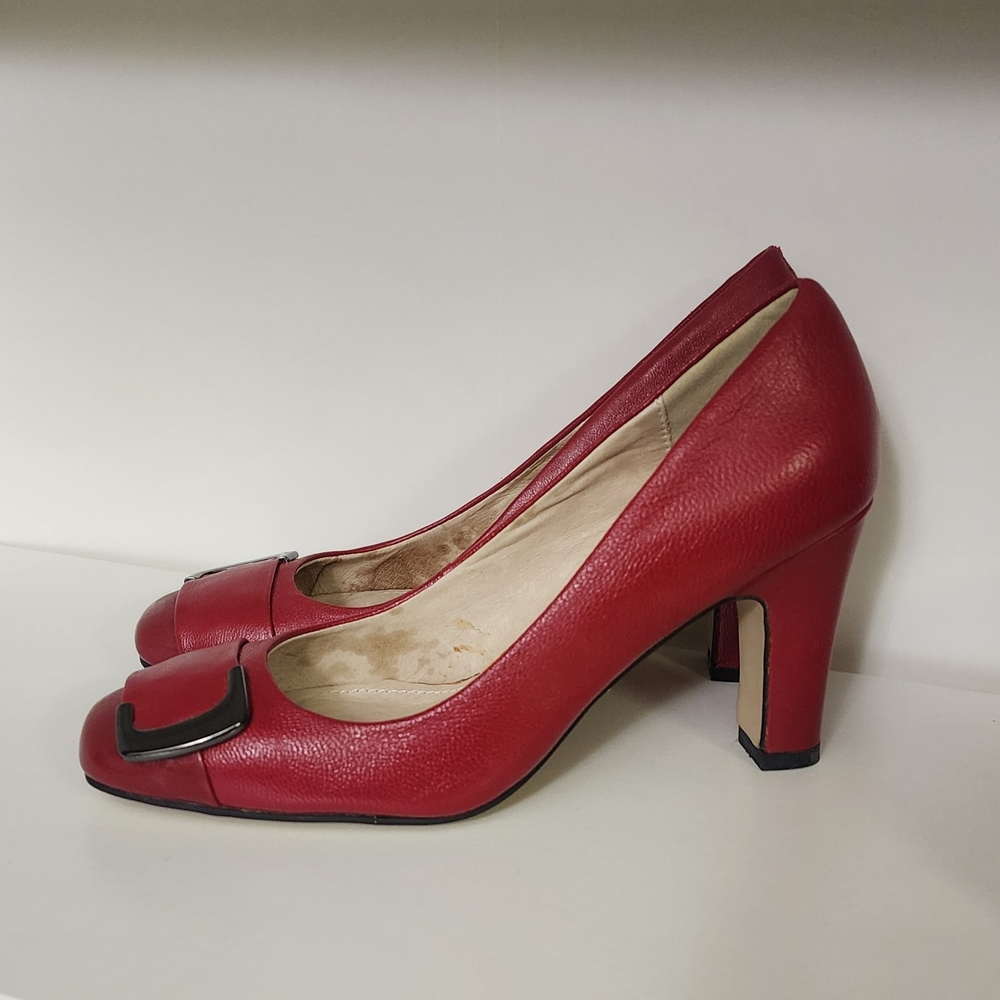 Studio Bold Red Leather Heels with Accent Buckle